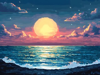 Golden light bathes the summer beach as the sun dips below the horizon, painting the sky and ocean in fiery orange hues