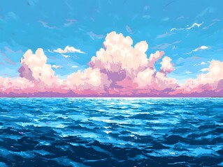 Blue summer sky and sea with a calm horizon, reflecting the sun's light on the water