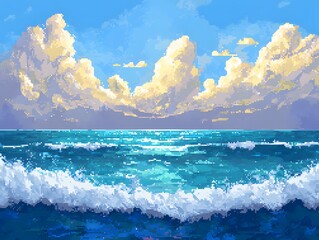 Blue waves crash on the tropical summer beach, meeting the horizon under a vast sky filled with fluffy clouds
