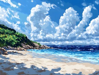 Tropical Thai beach landscape with blue sky, clouds, and clear ocean water