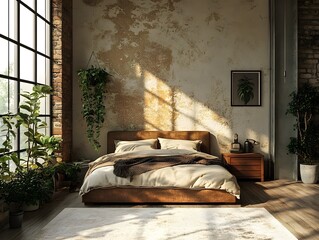 Luxury hotel or home bedroom interior with comfortable bed, modern furniture, and stylish decor