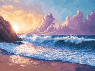 Golden sun descends on the ocean horizon, casting a warm glow over serene waves washing onto the sandy beach