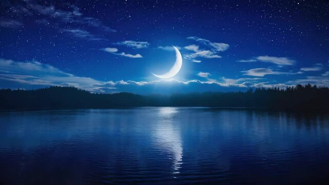 Tranquil night scene of a shimmering lake reflecting a crescent moon and stars in the sky. Perfect for relaxation, nature, dreams, and serene outdoor settings.