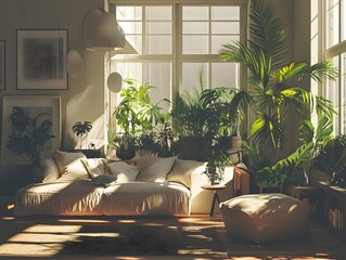 Luxury hotel living room with a view, featuring elegant furniture and indoor plants