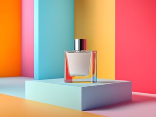 Luxury perfume bottle on a wooden table in a contemporary living room with a comfortable sofa