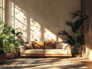 Modern living room interior featuring a comfortable sofa, stylish furniture, and contemporary decor