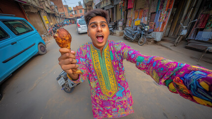 Young Indian man in colorful kurta holding giant tandoori chicken leg