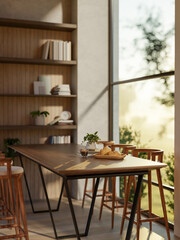 Breads on plate and a coffee cup on wooden table with stool chairs in dining room with glass wall.
