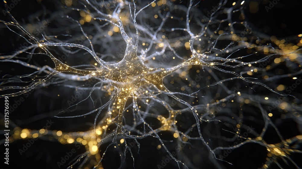 Poster abstract neuron network golden glowing synapses digital art microscopic detailed science neural brai