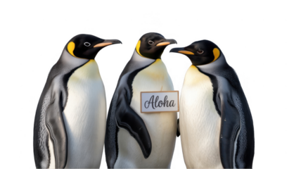 Three emperor penguins standing side by side, with the middle penguin proudly holding a sign that reads aloha, set against a transparent background, creating a charming and humorous scene