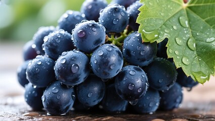 Cluster of Ripe Dark Blue Grapes with Glistening Water Droplets and Green Leaf &ndash; Fresh and Juicy