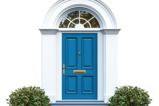 Elegant Blue Door with White Frame and Bushes in Isolated Inviting Home on transparent background