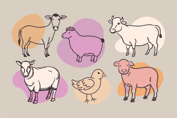 Cute Cartoon Farm Animals in Pastel Colors