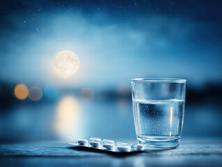 Glass of water and pills under the night sky illuminated by a full moon