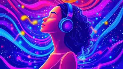 Colorful digital artwork of a woman listening to music with headphones in a vibrant abstract background