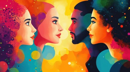 Colorful abstract portraits of diverse individuals in vibrant colors