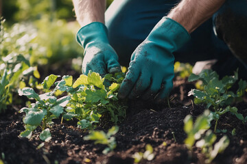 Fototapeta premium Gardener tending to leafy green plants in a garden bed rich dark soil