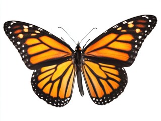 Fototapeta premium Monarch butterfly with spread orange and black wings on white background 