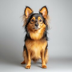 Naklejka premium Cute small mixed breed dog with long fluffy fur and perky ears sitting on gray background looking curious and alert in studio portrait