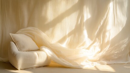 Light-filled room with draped fabric and a simple chair.
