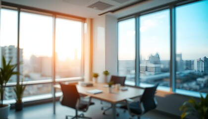Sunlight floods a modern office space with large windows overlooking a vibrant city skyline.