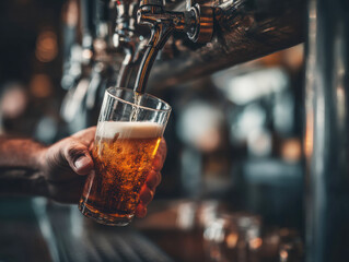 Pouring craft beer at a bustling bar during evening hours