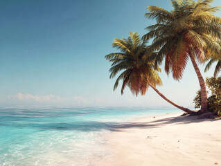 Tropical beach with palm trees and calm turquoise waters at sunrise
