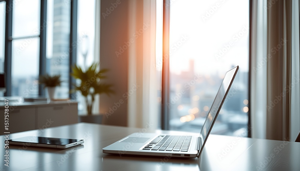 Poster modern workspace featuring a laptop and mobile device on a desk with city views background.