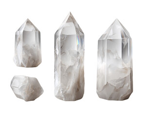 Three Polished and Raw Quartz Crystal Points on Transparent Background, PNG