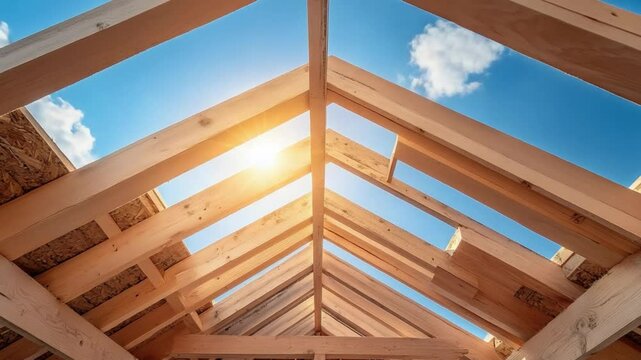Skyward Frame: An inspiring shot capturing the strong frame of a partially constructed roof, inviting the sun and sky into a new building with light.