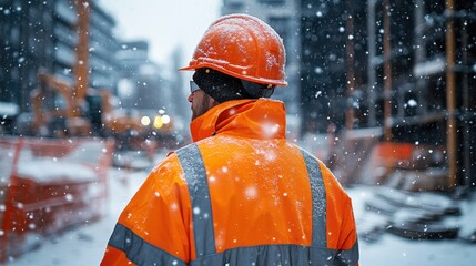 Caucasian male construction worker in snowy urban setting