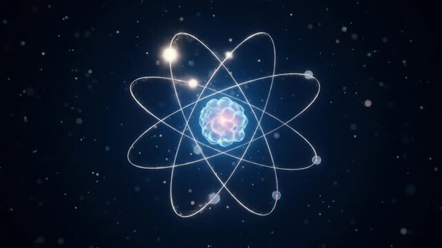 High-quality 3D animation of a rotating atom with glowing electrons orbiting around a luminous nucleus in outer space. The scene features smooth motion, particles floating in the background