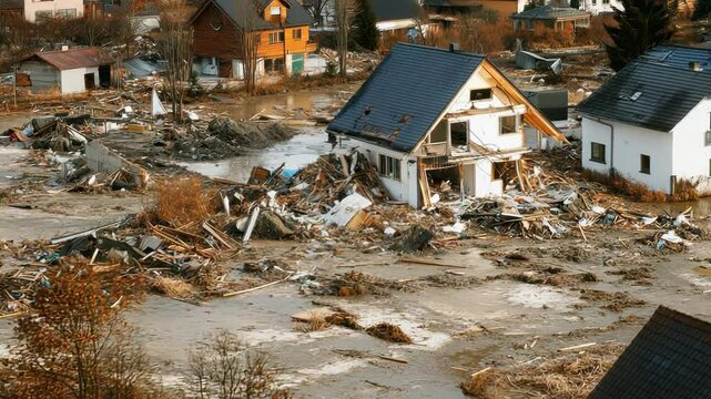 Devastating flood impact: water submersion and debris in rural landscape