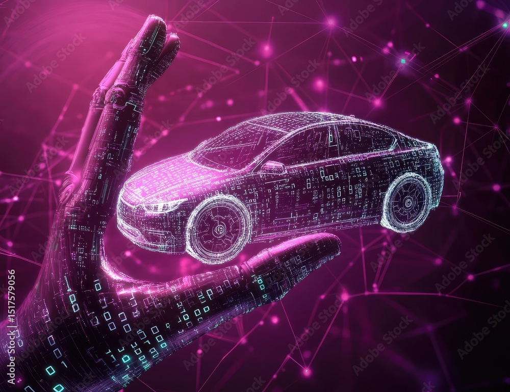 Poster a robot hand holding an icon of the silhouette of a car, on a purple background with binary code all