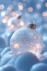 Frosted sphere ornament nestled in snowy ambiance.