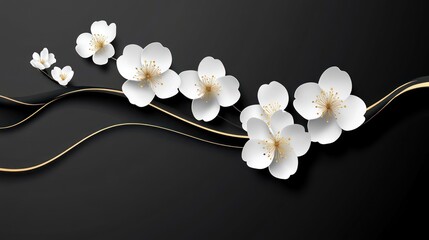 Elegant black background with white blossoms and gold lines.