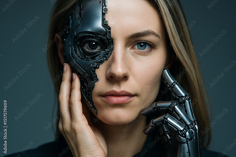 Poster ai generated image of a woman with half-cybernetic face and robotic hand expressing the blend of hum