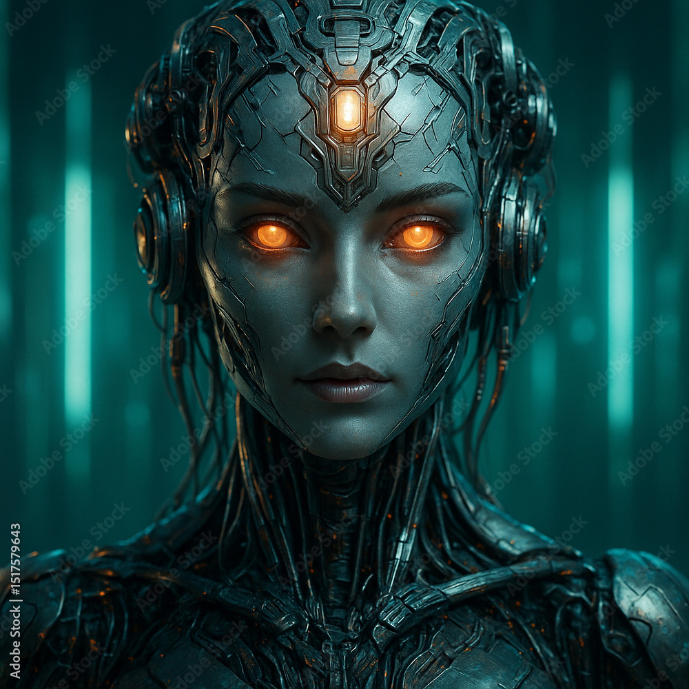 Aufkleber ai generated image of a female android with glowing eyes and complex mechanical structure, blending 