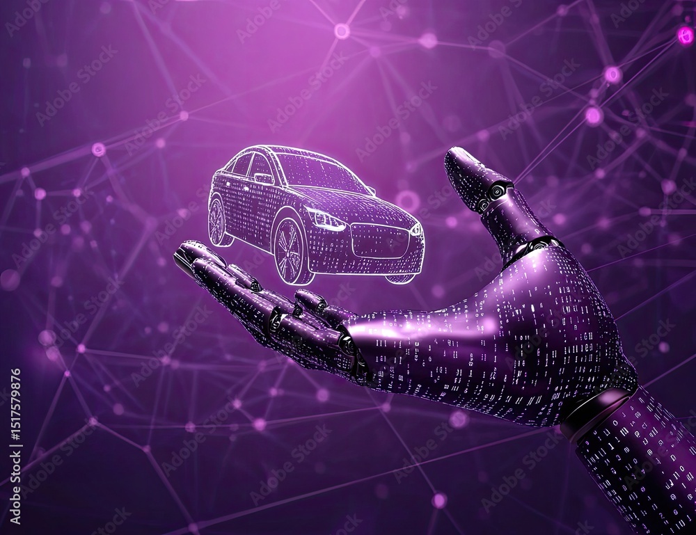 Poster a robot hand holding an icon of the silhouette of a car, on a purple background with binary code all
