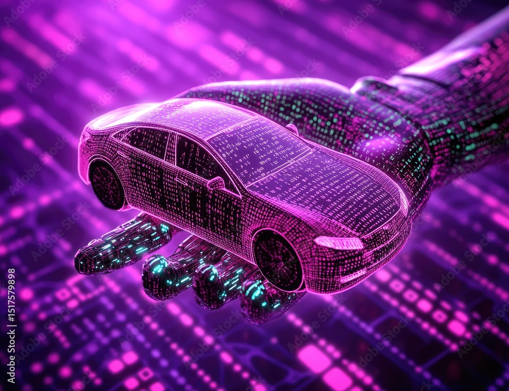 Fototapete A robot hand holding an icon of the silhouette of a car, on a purple background with binary code all over it.