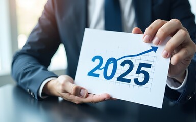 Businessman analysis the graph of trend market growth in 2025 and plans business growth and profit increase in the year 2025. plan finances of the business. High quality