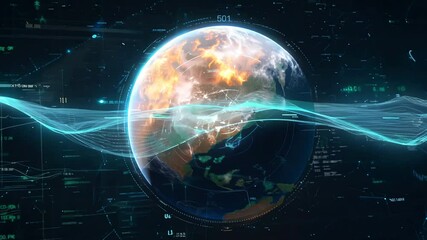 Earth rotating slowly with a digital data analysis wave flowing around it and futuristic hud data displayed - Powered by Adobe
