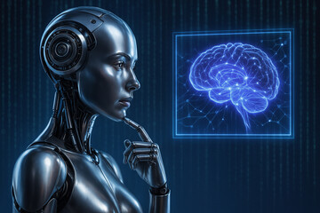 AI generated image of a futuristic female robot touching her chin while analyzing a glowing holographic brain with neural signals in a high tech digital environment