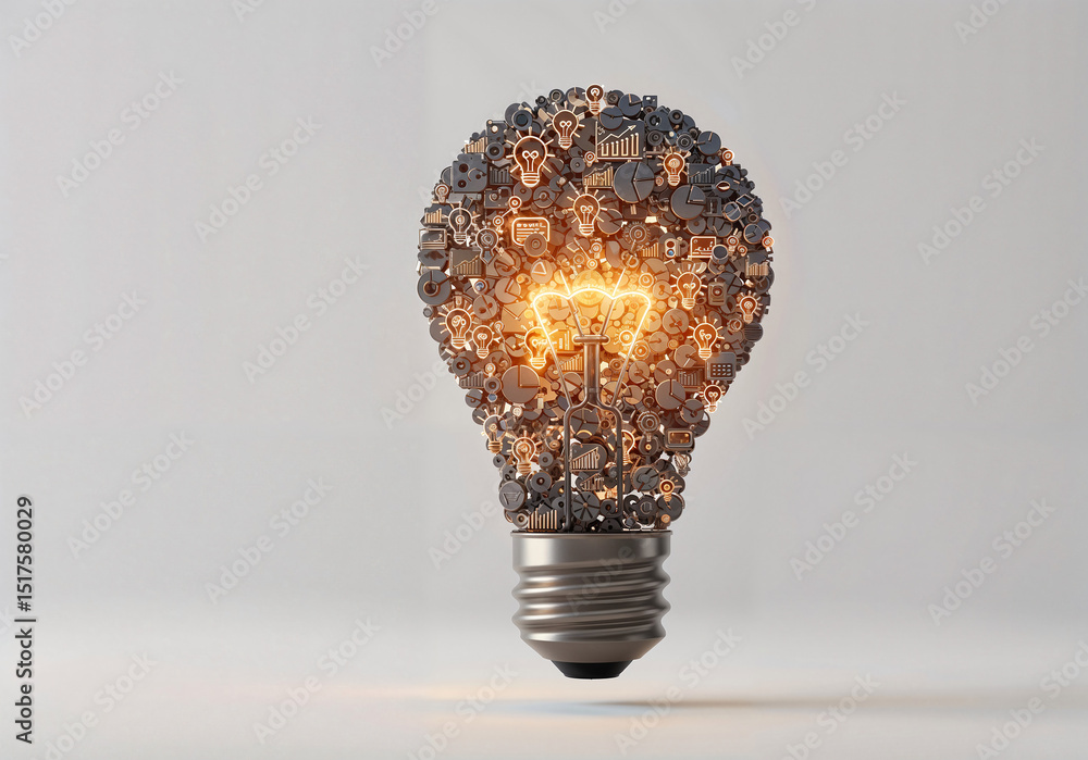Poster light bulb made of many icons and elements, idea symbol, business development concept . generative a