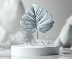 Isolated, light gray monstera leaf on a white pedestal, surrounded by water splashes.