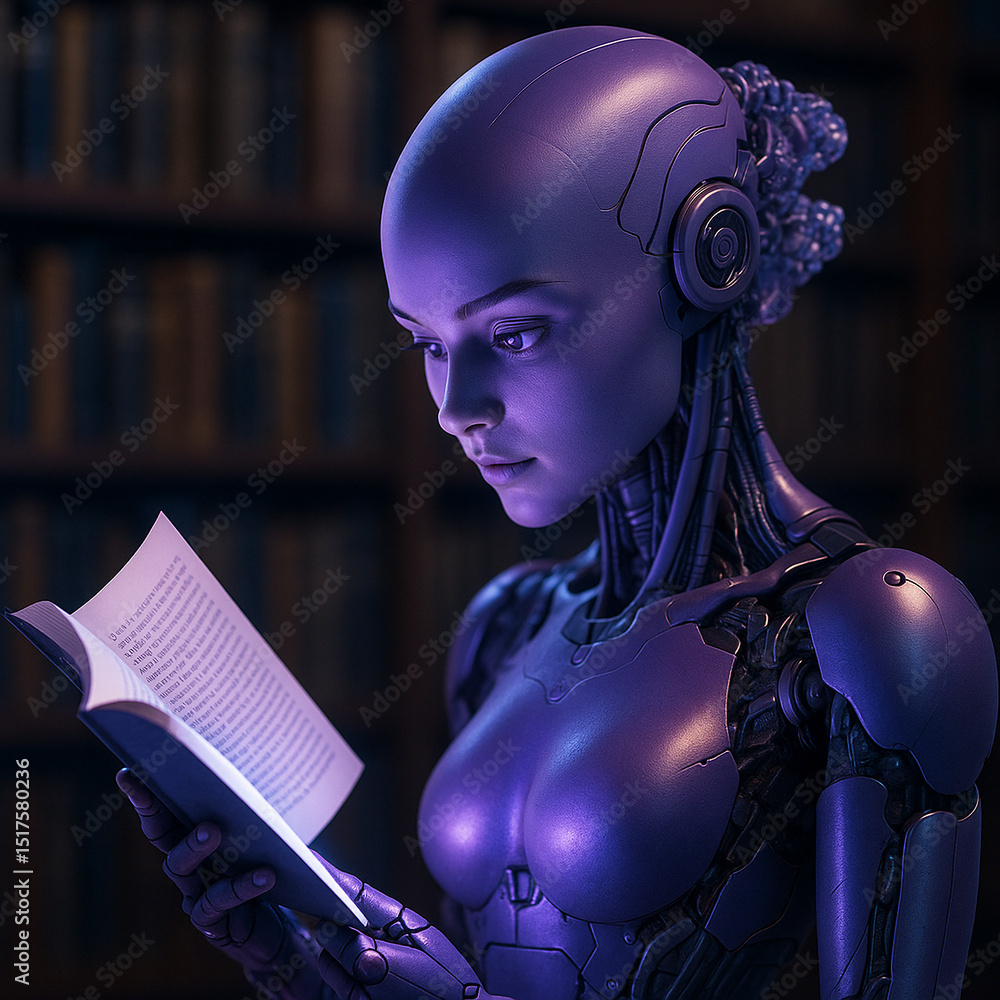 Poster ai generated image of a humanoid female robot deeply reading a book in a futuristic library setting 