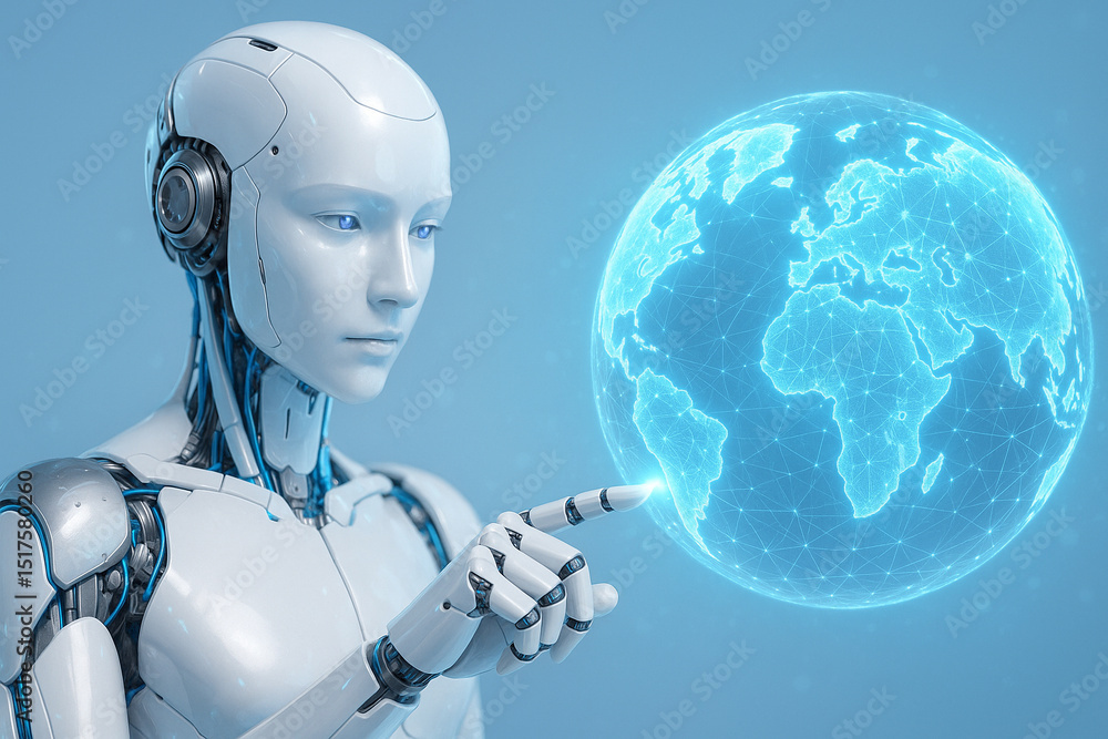 Aufkleber ai generated image of a humanoid robot interacting with a glowing digital earth symbolizing data con