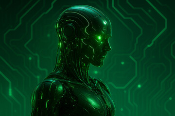 AI generated digital humanoid robot in sci-fi style with glowing green circuits showing intelligence and advanced processing power in a futuristic cyber environment