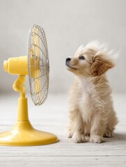 Cute fluffy puppy sitting in front of a yellow fan, enjoying the breeze on a warm day. The minimal indoor background and the dog's expression create a humorous and heartwarming summer-themed 