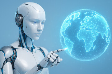 AI generated image of a humanoid robot interacting with a glowing digital earth symbolizing data connectivity global control and futuristic intelligence